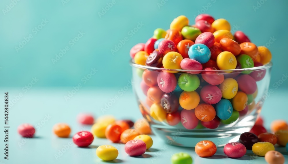 Vibrant candies overflow a glass bowl, a sweet colorful treat , deliciousness, snack, close-up Vibrant candies overflow a glass bowl, a sweet colorful treat , deliciousness, snack, close-up