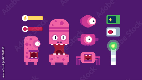 Cartoon Pink Monsters and Game Icons Vector Illustration on Purple Background. Perfect for online gaming, video game design, app development, and playful digital content.