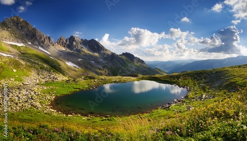 picturesque small lake high in the mountains against the backdrop of sky