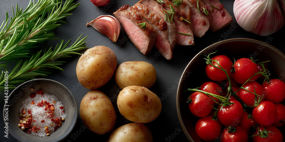 Zusammenstellung frischer Kochzutaten mit Tomaten, Kartoffeln, Knoblauch, Fleisch und Rosmarin auf dunklem Hintergrund