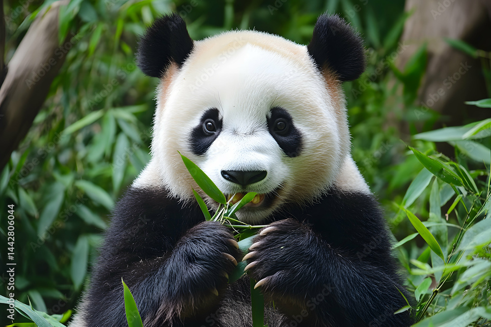 Obraz premium Cute Panda Sitting Peacefully While Eating Fresh Bamboo