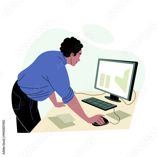 A flat style illustration showing an employee working on a system