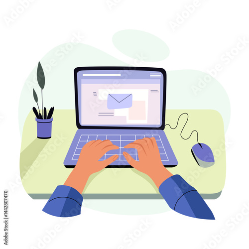 Sending email through laptop, flat style illustration
