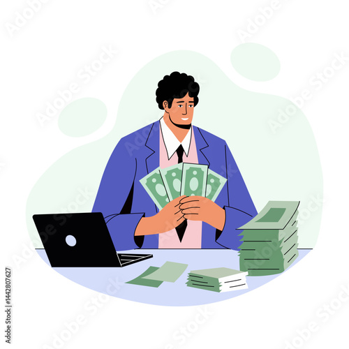 A flat style illustration of a greedy character