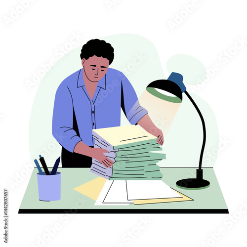 A character sorting documents in office, flat illustration