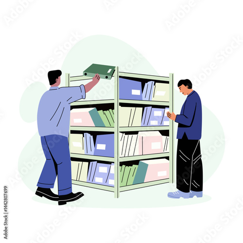 A character organizing shelves, flat style illustration