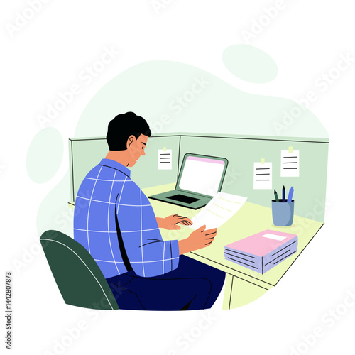 A flat style illustration showing an employee workspace