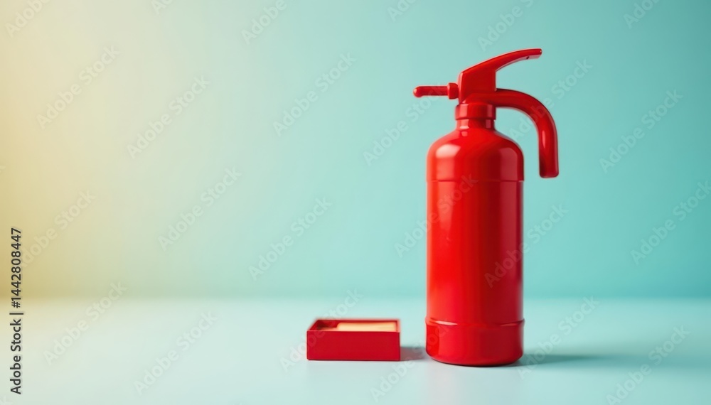 Obraz premium Red toy fire extinguisher beside matchbox, light background, prevention, protection