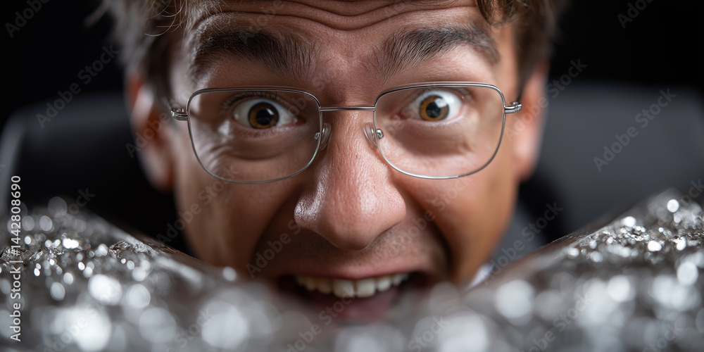 Mann mit erschrockenem Gesichtsausdruck, der in einen Berg Silberfolie oder Alufolie schaut