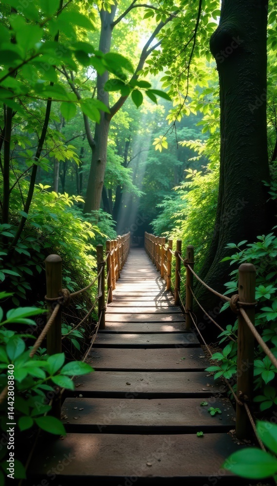 Naklejka premium Wooden planks & rope bridge over dense woodland, crossing, below, adventure