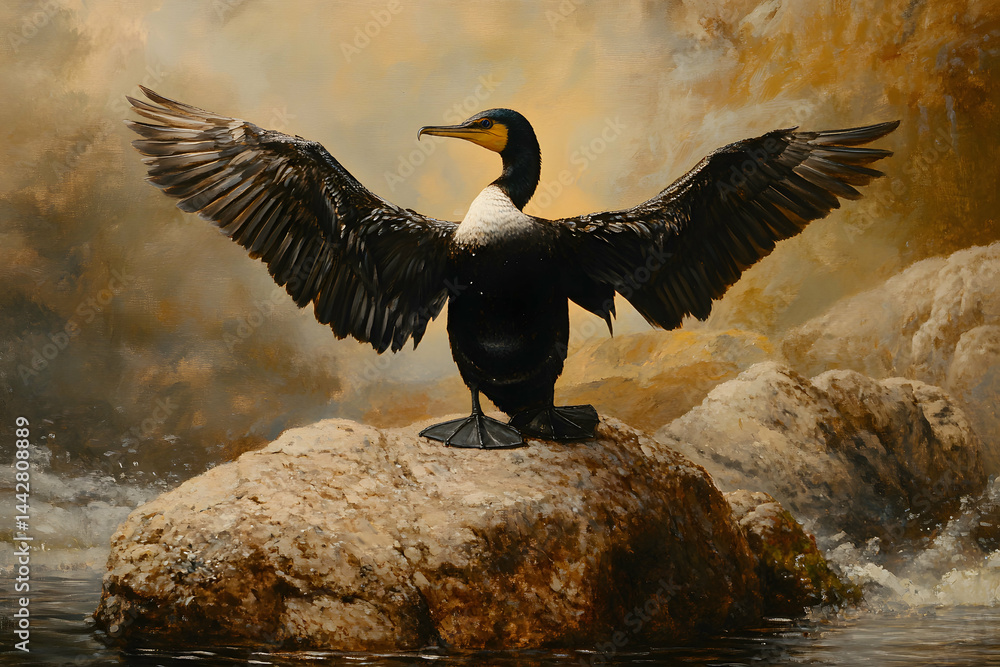 Fototapeta premium Cormorant Spreading Wings on Riverside Rock