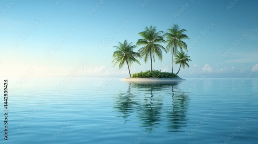 Tranquil Tropical Island with Palm Trees Reflecting in Calm Crystal Clear Water During Serene Sunrise Tranquil Tropical Island with Palm Trees Reflecting in Calm Crystal Clear Water During Serene Sunrise