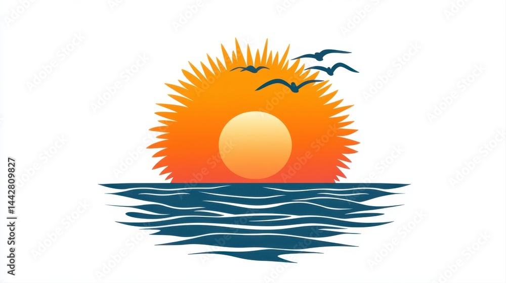Vibrant Sunset with Stylized Sun Rays and Birds Over Calm Ocean Waves in Vivid Colors and Tranquil Scenery Vibrant Sunset with Stylized Sun Rays and Birds Over Calm Ocean Waves in Vivid Colors and Tranquil Scenery