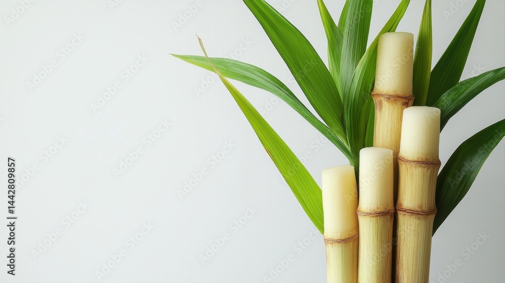 Fototapeta premium Green bamboo stalks with fresh leaves on a light background representing natural beauty and tranquility