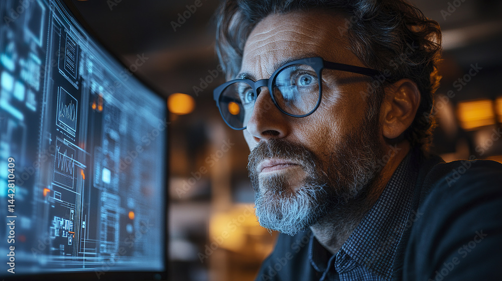 Focused architect viewing digital model on widescreen, immersed in technology and design