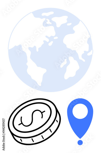 Globe illustration paired with coin and geolocation pin suggesting global business, financial exchange, market expansion, e-commerce, logistics, connectivity, ideal for a simple landing page