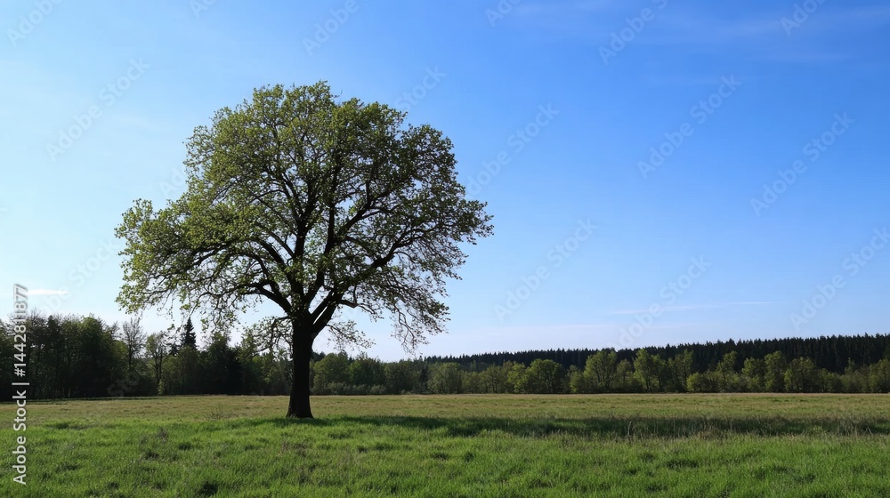 Obraz premium Majestic Single Oak Tree Standing Tall in Open Meadow Under Blue Sky
