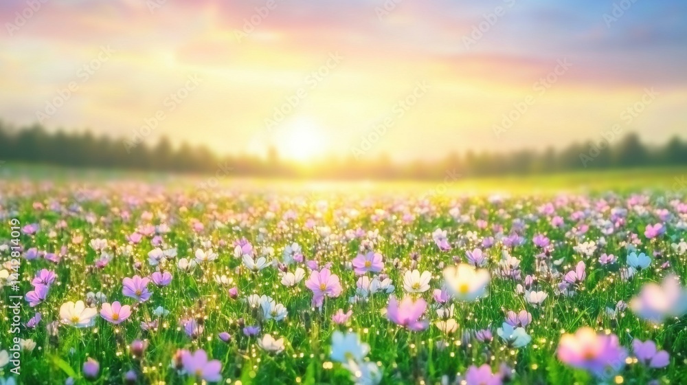 Obraz premium Colorful Wildflower Field During Sunrise with Gentle Morning Light