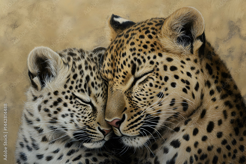 Obraz premium Mother Leopard Nuzzling Her Cub with Soft Detailed Fur