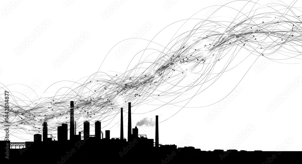 Fototapeta premium Industrial skyline silhouette with smoke trails on white background