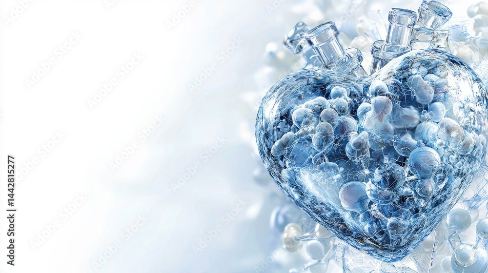 Heart Shape Container Filled with Bubbles and Liquid on White Background