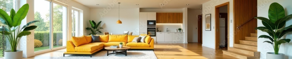 Bright open plan living area with mezzanine, sectional sofa, kitchen & plants Wooden floors & stairs , living room, bright Bright open plan living area with mezzanine, sectional sofa, kitchen & plants Wooden floors & stairs , living room, bright