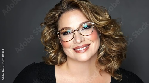 Wallpaper Mural Portrait of a Smiling Woman with Curly Hair and Stylish Glasses Against a Neutral Background Torontodigital.ca