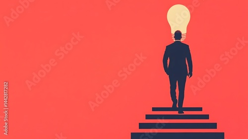 Businessman Walking Up Stairs Toward Glowing Lightbulb, Innovation Concept