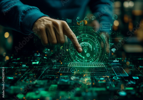 A person touching green icons on a virtual screen with eco-friendly and sustainable development shapes