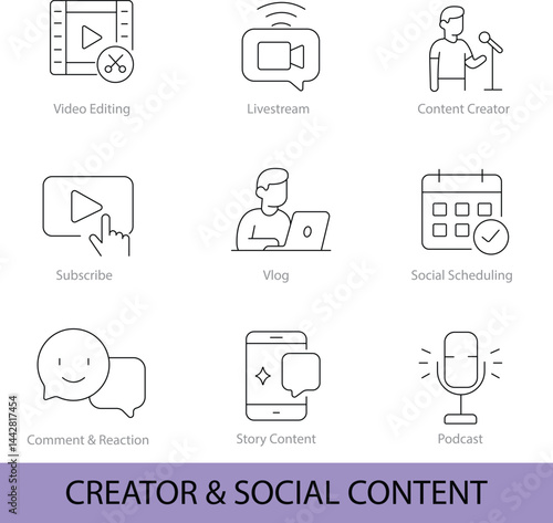 Creator & Social Content – 9 Editable Line Icons for Vlog, Podcast & Story Media | Vector Set in AI, EPS, SVG | Designed in Adobe Illustrator

