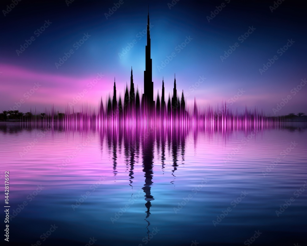 Fototapeta premium Dramatic City Skyline with Colorful Lights Reflected on Water Surface in Vibrant Night Scene