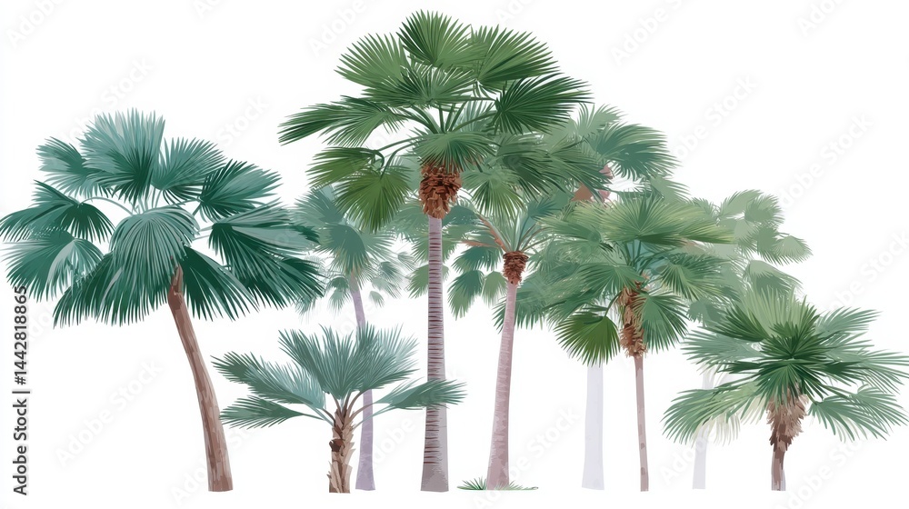 Fototapeta premium Lush green palm trees on a white background