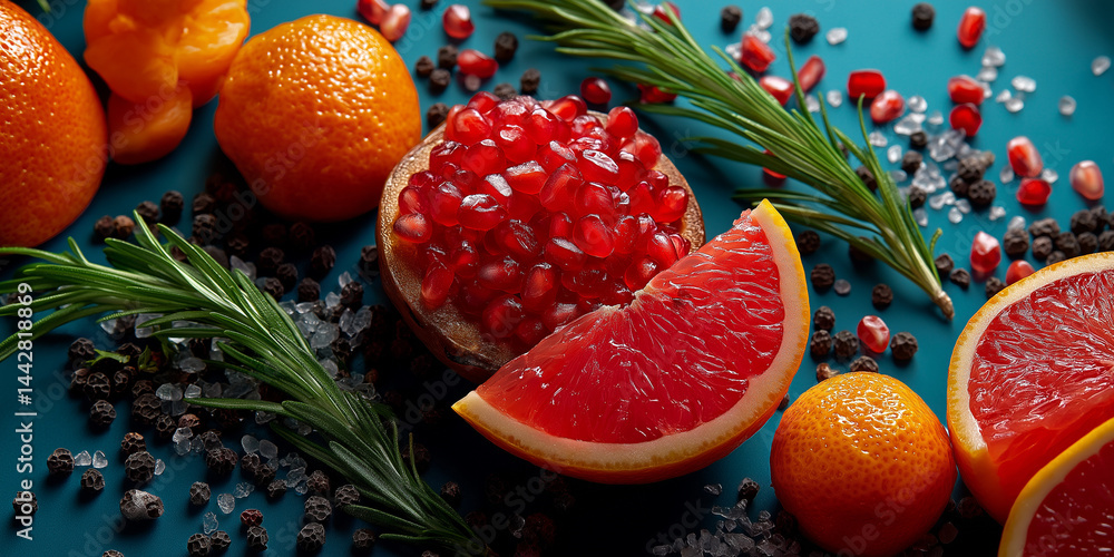 Zitrusfrüchte-Komposition mit Granatapfel, Orangen und Beeren auf türkisem Untergrund mit Zweigen