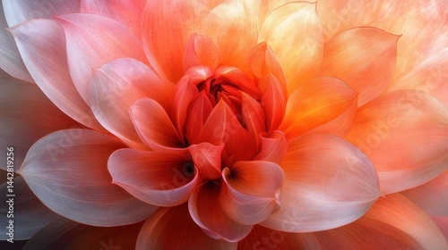Close-up of a vibrant orange and pink dahlia flower with soft, glowing petals.