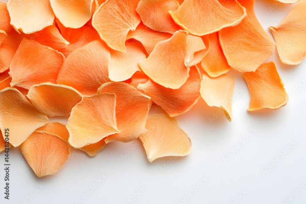 Scattered peach-colored petals on a white background