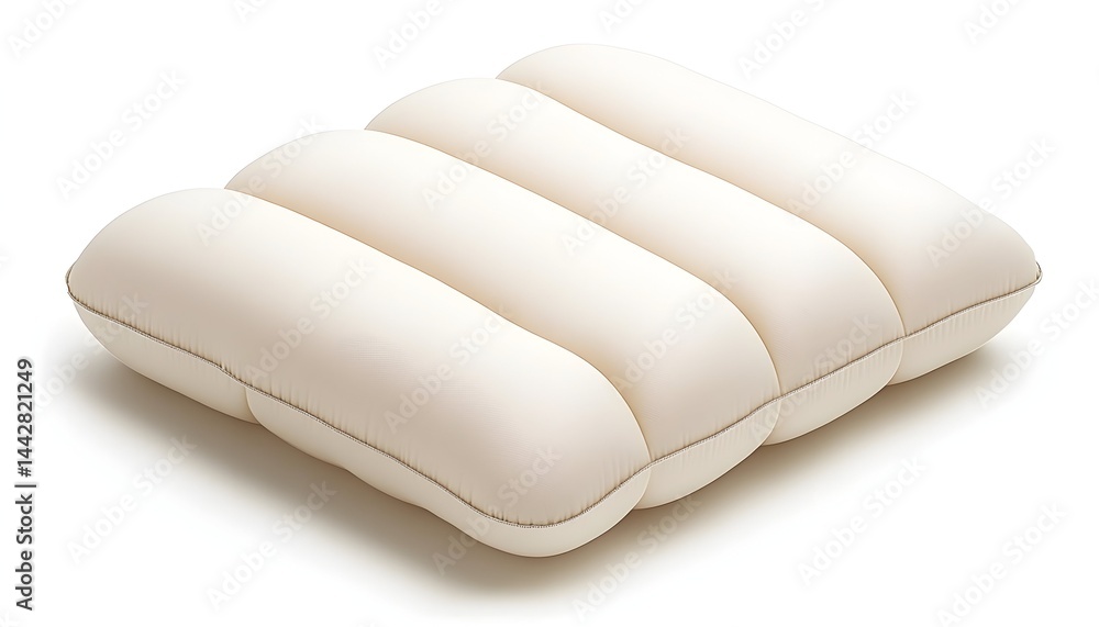 Off-white, square pillow with three vertical chambers, subtly textured, and a beige stitch detail Off-white, square pillow with three vertical chambers, subtly textured, and a beige stitch detail