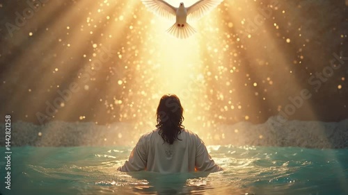 The Heaven opens and the Holy Spirit descends on Jesus during baptism as a dove.