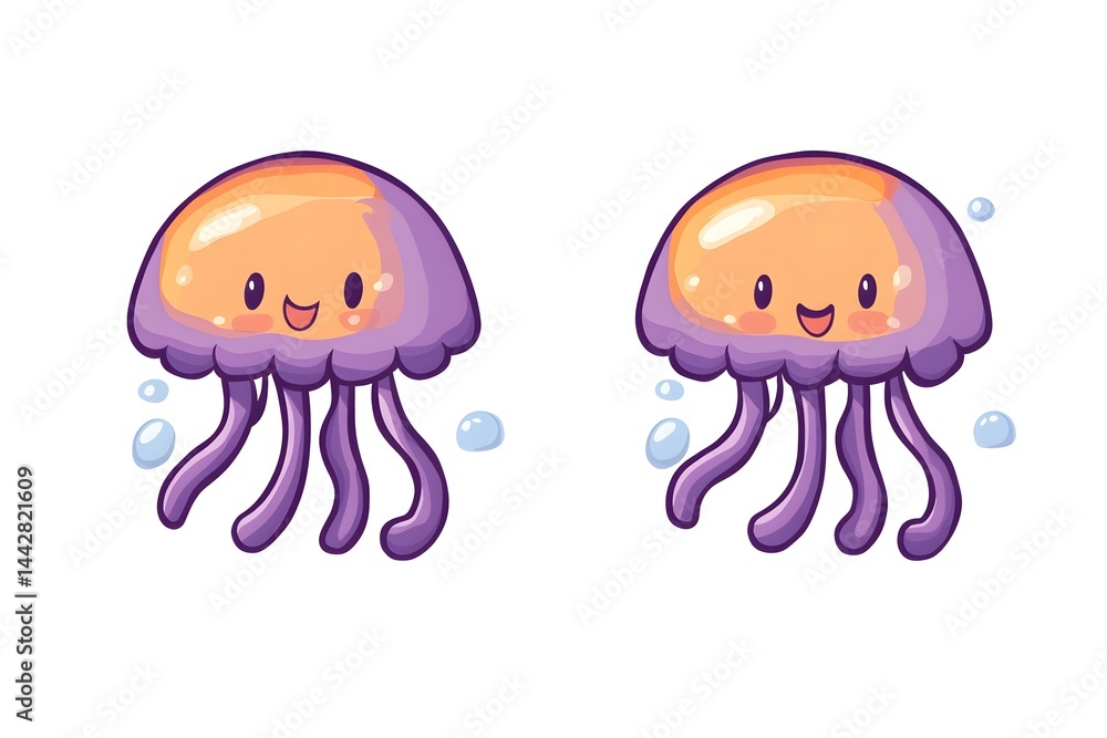 Two adorable cartoon jellyfish with orange domes and purple tentacles, smiling happily, surrounded by bubbles