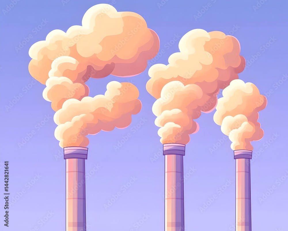 Three industrial smokestacks emitting large plumes of yellowish-orange smoke against a light blue sky