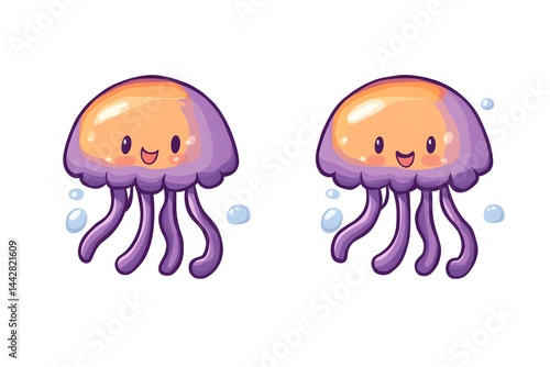 Obraz na płótnie Two adorable cartoon jellyfish with orange domes and purple tentacles, smiling happily, surrounded by bubbles w salonie