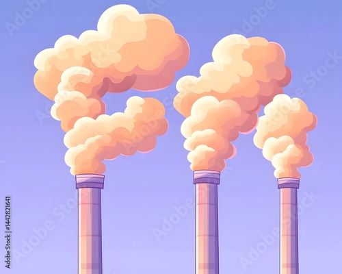 Obraz na płótnie Three industrial smokestacks emitting large plumes of yellowish-orange smoke against a light blue sky w salonie