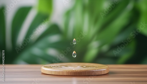 Obraz na płótnie Two clear drops falling onto a circular wooden coaster, set against a blurred backdrop of lush green foliage w salonie