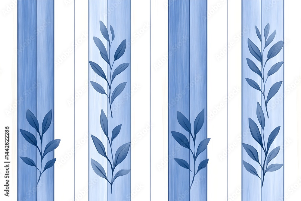 Vertical blue stripes with repeating stylized leaf sprigs