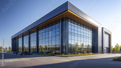 Wallpaper Mural High tech commercial facility with large glass windows and parked cars. modern architecture Torontodigital.ca