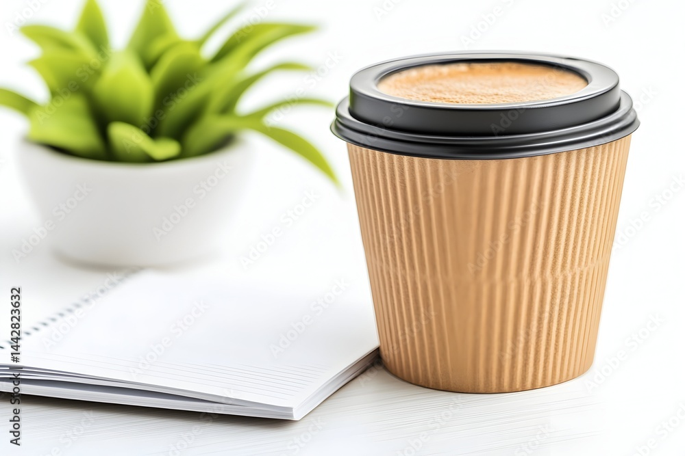 A beige disposable coffee cup with a dark lid sits on a white surface next to a notebook and small plant