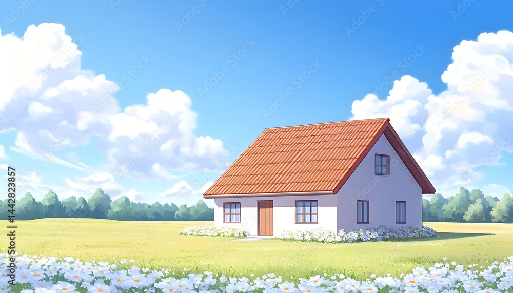 A charming white house with a terracotta roof sits on a grassy field, surrounded by blooming flowers under a bright, sunny sky