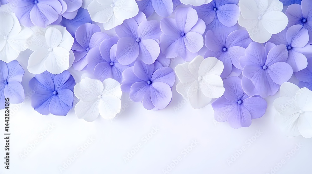 A close-up of delicate, pastel purple and white fabric flowers arranged in a gradient pattern against a white background, leaving ample space below