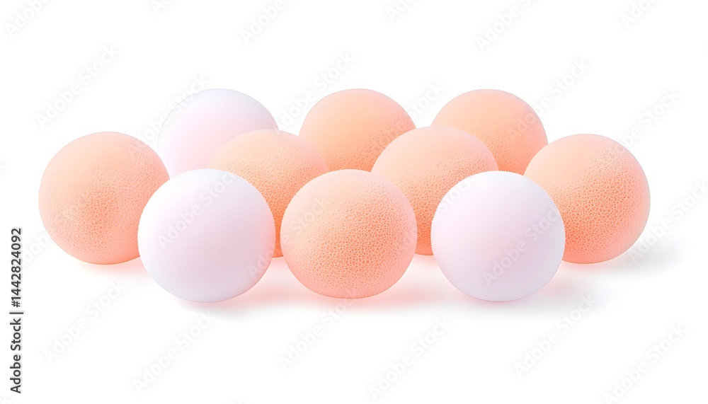 A cluster of ten small, soft, round balls in pale peach and white