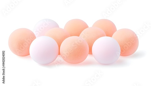 A cluster of ten small, soft, round balls in pale peach and white