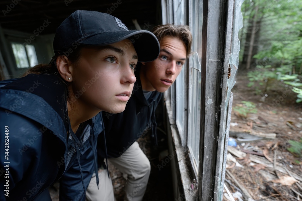 Two teenagers curiously peer out from the broken windows of an abandoned building, showcasing their adventurous spirit and the allure of exploring forgotten places. Two teenagers curiously peer out from the broken windows of an abandoned building, showcasing their adventurous spirit and the allure of exploring forgotten places.